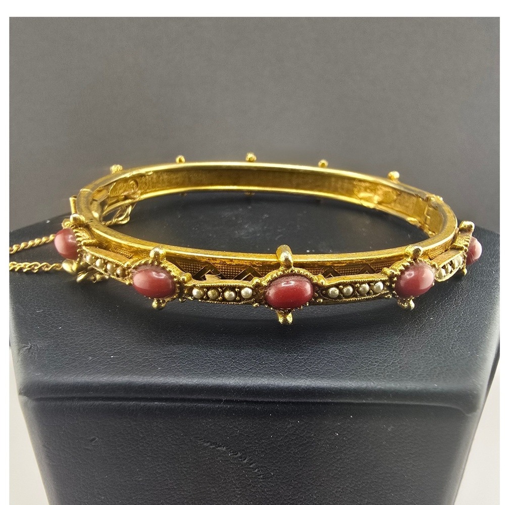 Vintage Estate Bangle Gold Tone Red Cabochon Faux Pearl Hinged 6.5